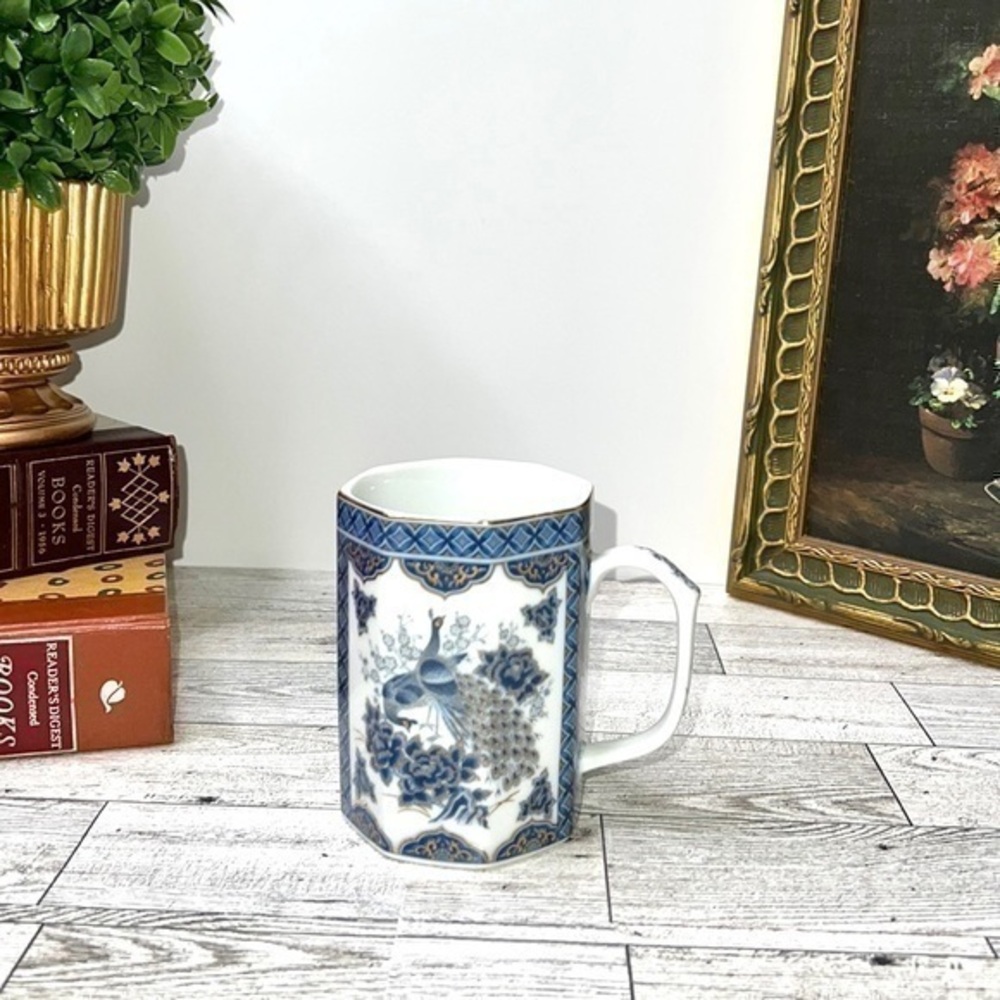 Blue Vintage Octagonal Porcelain Peacock Mug